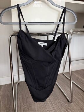 Poplinash Black Corset-Style Bodysuit